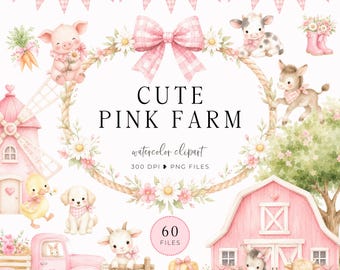 Farm Animals Clipart, Pastel Pink Farm, Baby Shower, Watercolor Clipart, Baby Animal PNG, Nursery Clipart