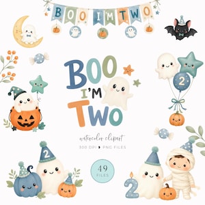May include: A collection of watercolor clipart featuring ghosts, pumpkins, and stars with the text "BOO I'M TWO". The set includes a banner, balloons, and characters in blue, orange, and green tones, designed for a second birthday celebration.