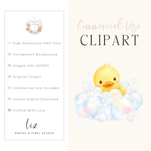 May include: A digital illustration of a yellow duckling sitting in a pile of translucent soap bubbles. The image includes the text Commercial Use CLIPART, Pastel & Pixel Studio, and a list of features including High-Resolution PNG Files.