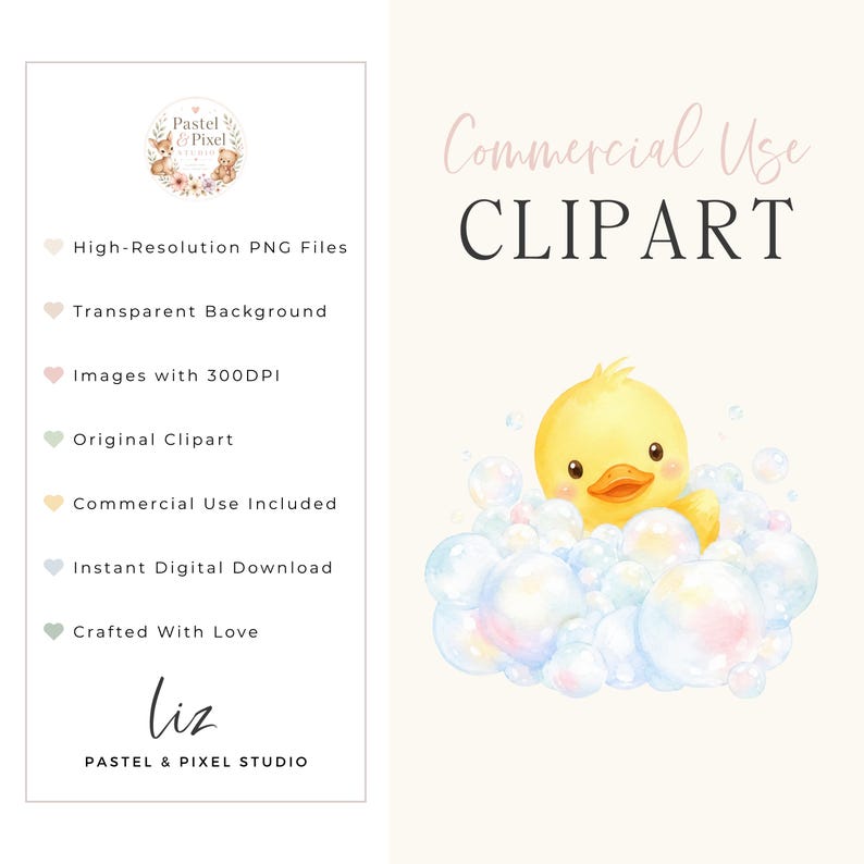 May include: A digital illustration of a yellow duckling sitting in a pile of translucent soap bubbles. The image includes the text Commercial Use CLIPART, Pastel & Pixel Studio, and a list of features including High-Resolution PNG Files.