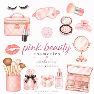 Könnte beinhalten: Eine Sammlung von Aquarellillustrationen mit rosa Kosmetikartikeln, darunter ein gestepptes Kosmetiktäschchen, Lippenstift, Make-up-Pinsel, eine Schlafmaske, ein Kompaktspiegel, ein Parfümflakon und eine Lidschattenpalette mit dem Text pink beauty cosmetics.
