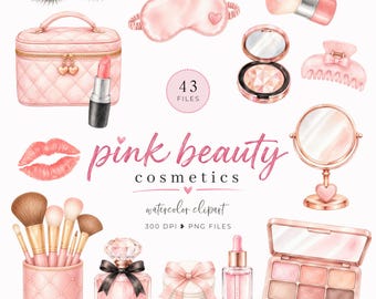 Pode incluir: Uma coleção de ilustrações em aquarela com cosméticos cor-de-rosa, incluindo uma nécessaire acolchoada, batom, pincéis de maquiagem, máscara de dormir, espelho compacto, frasco de perfume e uma paleta com o texto pink beauty cosmetics.