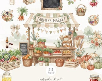 Watercolor Farmers Market Clipart, Fresh Off The Market Bridal Shower Invitation, Rustic Produce Stand Graphics, Commercial Use