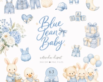 Blue Jean Baby PNG, Watercolor Denim Baby Clipart, Baby Shower Decor, Nursery Wall Decor, Denim Baby Shower Invite
