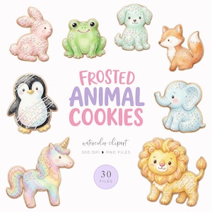 May include: A collection of watercolor illustrations featuring frosted animal cookies shaped like a rabbit, frog, puppy, fox, penguin, elephant, unicorn, and lion, with the text FROSTED ANIMAL COOKIES, watercolor clipart, 300 DPI PNG FILES, and 30 FILES.