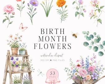 Birth Month Flowers Clipart Bundle,  Watercolor Birth Flower Bouquet, Birthday Flower PNG for Gifts and Scrapbooking Projects