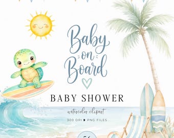 Baby on Board Baby Shower Clipart, Watercolor Beach Baby PNG, Ocean Coastal Nursery Baby Shower Decor, Surf Beach Theme, Gender Neutral Boho