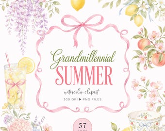 Grandmillennial Summer Clipart, Coastal Floral Art, Vintage Beach Graphics, Preppy Coastal Grandmother, Summer Coquette Cottagecore