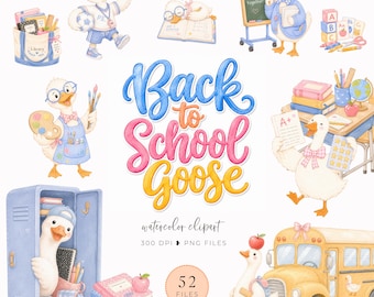 Watercolor Back to School Goose Clipart, Funny Silly Goose PNG, First Day of School, Teacher Goose, Cottagecore Cute Goose
