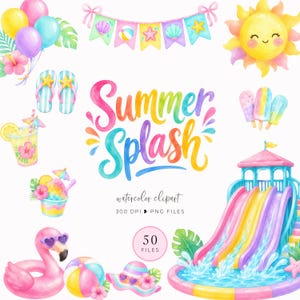 May include: A collection of watercolour summer-themed clipart featuring the text Summer Splash, a water slide, a flamingo float, flip-flops, a sun, balloons, ice lollies, a tropical drink, a shaved ice treat, a beach ball, and a bunting banner.