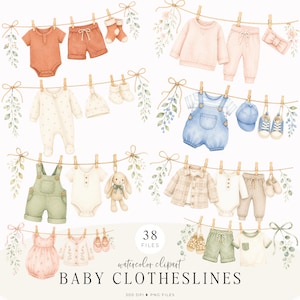 Watercolor Baby Clotheslines Clipart Bundle, Baby Shower Clipart, Newborn Outfit PNG, Neutral Baby Clothes Clipart