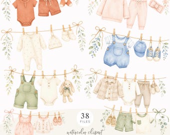 Watercolor Baby Clotheslines Clipart Bundle, Baby Shower Clipart, Newborn Outfit PNG, Neutral Baby Clothes Clipart
