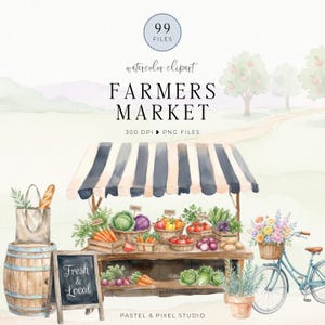 Könnte beinhalten: Eine Aquarellillustration eines Bauernmarktstandes mit gestreifter Markise, Holzkisten mit Gemüse, einer Tafel mit der Aufschrift Fresh & Local, einem Holzfass mit Tragetasche und einem blauen Fahrrad mit einem Korb voller bunter Blumen.