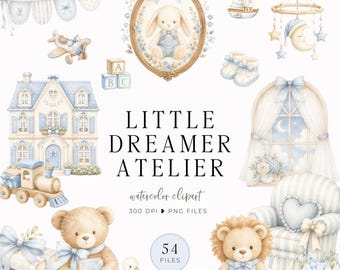 Watercolor Coquette Atelier Clipart, Soft Blue Baby PNG, Plush Toys, Nursery Elements, Nursery Wall Art, Boy Coquette Style