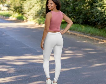 Leggings  White Casual Women's Spandex Leggings with Small Blue Skull Ankle Print