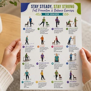 May include: A poster with exercise instructions for seniors, featuring illustrations of various balance and fall prevention exercises. The poster includes exercises like heel raises, side leg raises, marching in place, and chair sit-to-stands. The text reads "Stay Steady, Stay Strong".