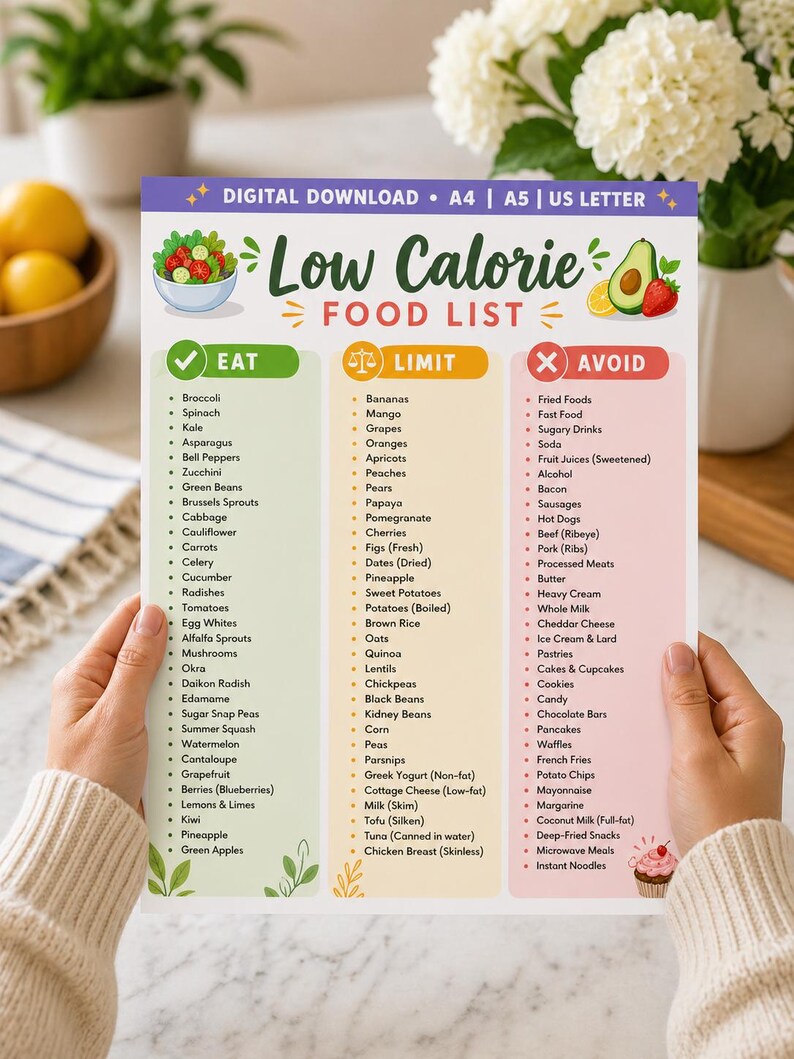 Low Calorie Food List Printable, Eat Limit Avoid Diet Chart (PDF) - Etsy