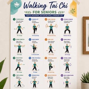 Può includere: Un poster intitolato "Walking Tai Chi for Seniors" con istruzioni di esercizi illustrate. Il poster presenta 16 diversi movimenti di Tai Chi, tra cui Cloud Walk, Crane Lift e Arm Circles, con descrizioni e conteggi delle ripetizioni. Il poster è progettato per promuovere il movimento delicato e un migliore equilibrio.