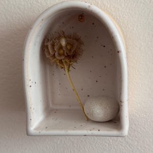 Könnte beinhalten: Ein bogenförmiges Wandregal aus Keramik mit gesprenkelter weißer Oberfläche. Im Inneren steht eine einzelne getrocknete braune Blume mit strukturiertem, kugelförmigem Kopf neben einem glatten, hellgrauen ovalen Stein auf dem Boden.