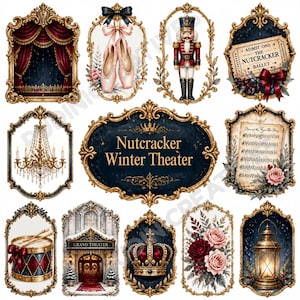 May include: A collection of twelve ornate gold-framed illustrations featuring a theater stage, ballet slippers, a nutcracker, a ticket reading ADMIT ONE THE NUTCRACKER BALLET, a chandelier, a sign reading Nutcracker Winter Theater, sheet music, a drum, a theater entrance, a crown, roses, and a lantern.