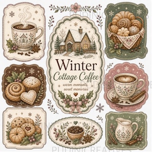 Puede incluir: Una colección de ilustraciones con temática invernal que presenta una etiqueta central de cabaña con el texto Winter Cottage Coffee, warm moments, sweet memories, rodeada de tazas de café, una cesta de pasteles, muffins, galletas y una jarra.