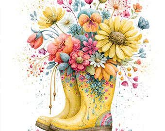 May include: A pair of yellow rubber boots filled with a vibrant floral arrangement featuring yellow sunflowers, pink peonies, orange blossoms, and blue accents. The boots are decorated with small floral patterns and paint splatters in various colors.