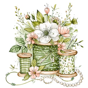 May include: A watercolor illustration featuring three wooden spools of thread in shades of green, decorated with white polka dots, gingham, and floral patterns. The spools are surrounded by pink and white flowers, green leaves, and a string of pearls.