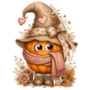 Puede incluir: Un personaje de calabaza naranja con grandes ojos marrones y una pequeña sonrisa, que lleva un sombrero de bruja de arpillera beige decorado con un lazo floral y parches de corazón, una bufanda de punto rosa empolvado y botas marrones.