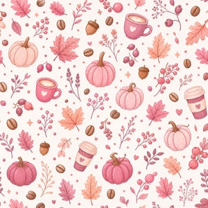 May include: A repeating pattern on a light background featuring pink pumpkins, coffee cups with heart designs, brown acorns, coffee beans, pink maple leaves, and small berry sprigs. The illustration uses a soft color palette of pinks and browns.