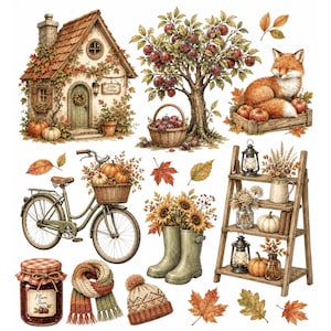 Puede incluir: Una colección de ilustraciones con temática otoñal que incluye una cabaña, un manzano con un zorro en una caja, una bicicleta con una cesta de calabazas, una estantería de escalera con linternas, girasoles, mermelada, una bufanda y un gorro.