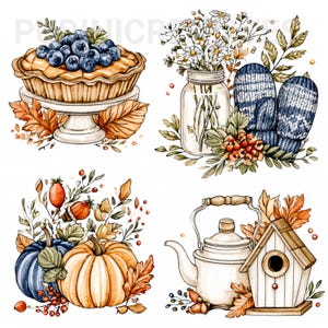 May include: A collection of four illustrations featuring a blueberry pie on a stand, a mason jar with white flowers and blue knit mittens, a blue and orange pumpkin arrangement, and a white teapot with a wooden birdhouse and autumn leaves.