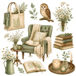 Può includere: Una collezione di illustrazioni ad acquerello che raffigura una poltrona verde con una coperta, una borsa con stampa di felce, una pila di libri, un gufo su un ramo, bouquet di fiori di campo, una candela e un libro aperto con schizzi.