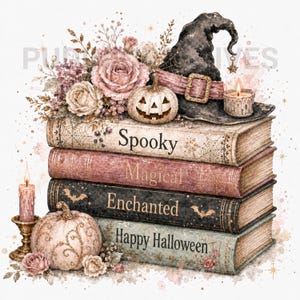 May include: A stack of four books with the words Spooky, Magical, Enchanted, and Happy Halloween on the spines. The stack is decorated with a black witch hat, two pumpkins, pink roses, and two lit candles in a watercolor style illustration.