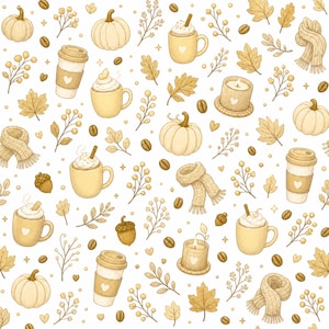 May include: A repeating pattern featuring light beige and tan illustrations of pumpkins, coffee mugs with whipped cream, lidded to-go cups, knit scarves, acorns, coffee beans, autumn leaves, and sprigs of berries on a plain white background.