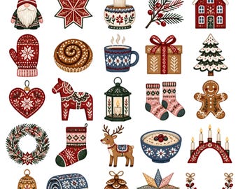 Scandinavian Christmas Clipart Bundle, 3 Folk Art PNG Sticker Sheets for Shirts, Mugs, Cards & Holiday Crafts