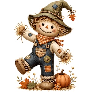 May include: A scarecrow doll wearing a green pointed hat with a leaf accent, a checkered scarf, and blue denim overalls with various patches. The doll has straw-like hair, a stitched smile, and stands next to a pumpkin and autumn leaves.