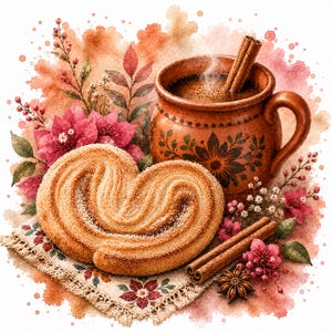 May include: A heart-shaped palmier pastry dusted with sugar sits on a lace doily next to a brown ceramic mug filled with a dark beverage and a cinnamon stick. The scene is decorated with pink flowers, green leaves, and star anise.