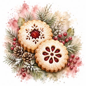 Puede incluir: Dos galletas redondas de mantequilla con bordes festoneados y espolvoreadas con azúcar glas, con recortes centrales rellenos de mermelada roja. Las galletas están rodeadas de agujas de pino verdes, piñas marrones y racimos de bayas rojas.