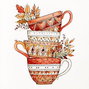 May include: A watercolor illustration of three stacked tea cups in shades of orange, red, and cream. Each cup features distinct geometric patterns, including triangles and diamonds. Autumnal leaves and small berries are tucked between the cups.