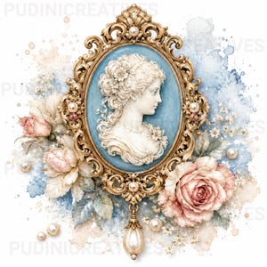 May include: An oval gold-toned ornate frame containing a white cameo profile of a person with an elaborate hairstyle. The frame is surrounded by soft pink roses, white floral accents, and scattered white pearls, set against a blue watercolour wash.