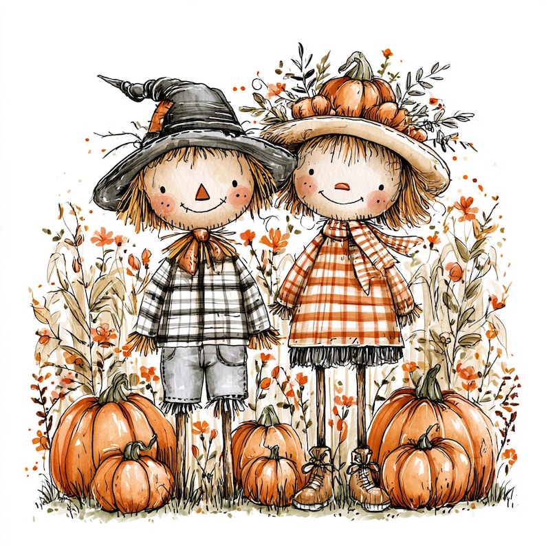 Peut inclure: Une illustration à l'aquarelle de deux épouvantails dans un champ de citrouilles. L'épouvantail de gauche porte un chapeau noir et une chemise à carreaux, celui de droite un chapeau surmonté d'une citrouille et une chemise orange à carreaux.