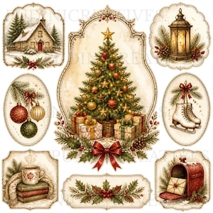 May include: A collection of vintage-style Christmas illustrations featuring a central decorated tree with gifts, a snow-covered cottage, a lantern, ornaments, ice skates, a stack of books with a mug, a mailbox, and holly sprigs with red bows.