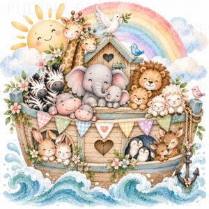 Può includere: Un'illustrazione ad acquerello di un'arca in legno piena di vari animali dei cartoni animati, tra cui zebre, elefanti, un leone, pecore, conigli e pinguini. La scena presenta un sole sorridente, un arcobaleno, onde blu e bandierine colorate.