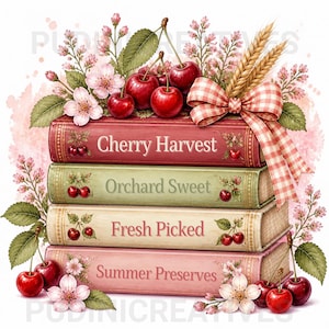 Könnte beinhalten: Ein Stapel aus vier Büchern mit den Titeln Cherry Harvest, Orchard Sweet, Fresh Picked und Summer Preserves. Die Bücher sind mit roten Kirschen, grünen Blättern, rosa Blüten, Weizenähren und einer rot-weiß karierten Stoffschleife verziert.