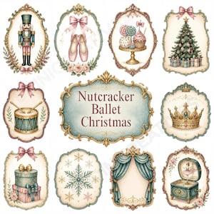 May include: A collection of twelve decorative oval and rectangular frames featuring Nutcracker ballet Christmas themes, including a nutcracker, ballet slippers, sweets, a tree, a drum, a crown, gifts, a snowflake, curtains, and a music box.