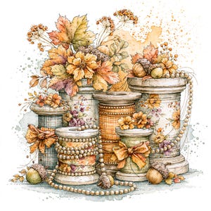 Könnte beinhalten: Eine Aquarellillustration mehrerer Holzspulen, die mit Blumenmustern, orangefarbenem Karomuster und Bändern verziert sind. Die Spulen sind mit Herbstblättern, Eicheln und weißen Perlenketten geschmückt und bilden ein festliches saisonales Arrangement.