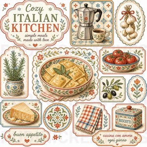 Può includere: Una collezione di adesivi decorativi a tema cucina italiana, tra cui una ciotola di ravioli, una moka, pomodori, aglio, rosmarino, un pezzo di formaggio, un tovagliolo a quadri, un barattolo di biscotti e testo con scritto Cozy Italian Kitchen.