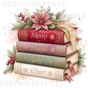 May include: A stack of four vintage-style books with gold lettering reading Merry, Magic, Jolly, and Cheer. The books are decorated with a pink poinsettia, pine branches, red berries, and a gold ribbon. The spines feature gold snowflake patterns.