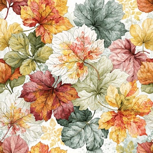 May include: A seamless pattern featuring a dense arrangement of overlapping maple leaves in shades of deep red, golden yellow, muted green, and white. The leaves display intricate line-work details and watercolor-style textures throughout.