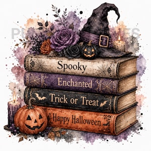 May include: A stack of four books with the words Spooky, Enchanted, Trick or Treat, and Happy Halloween on the spines. The stack is decorated with a black witch hat, purple roses, a jack-o'-lantern, and two lit candles in a watercolor style.